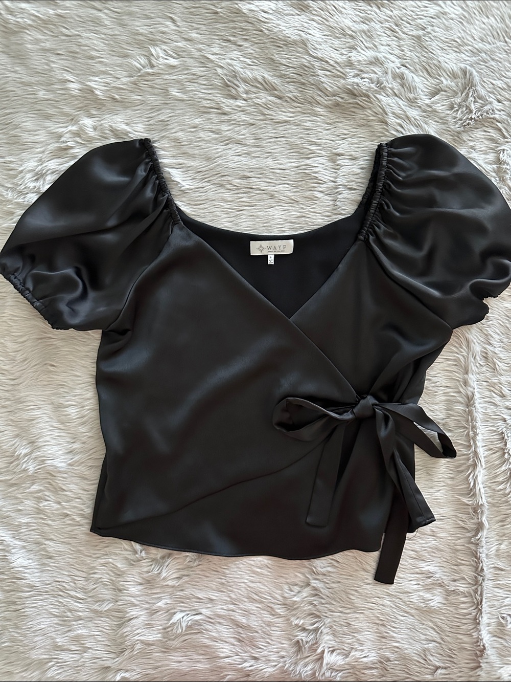 WAYF Silky Wrap Over Tie Blouse